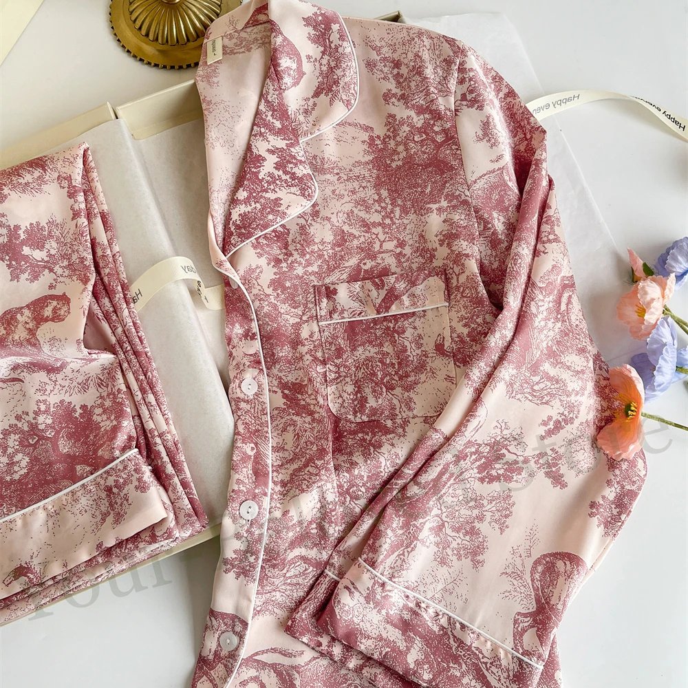 Red Print Pyjamas Set Long Sleeve Pyjamas Women's Loungewear Home Clothes Soft Rayon Pajamas 2Pcs Set Nightwear Women Loungewear