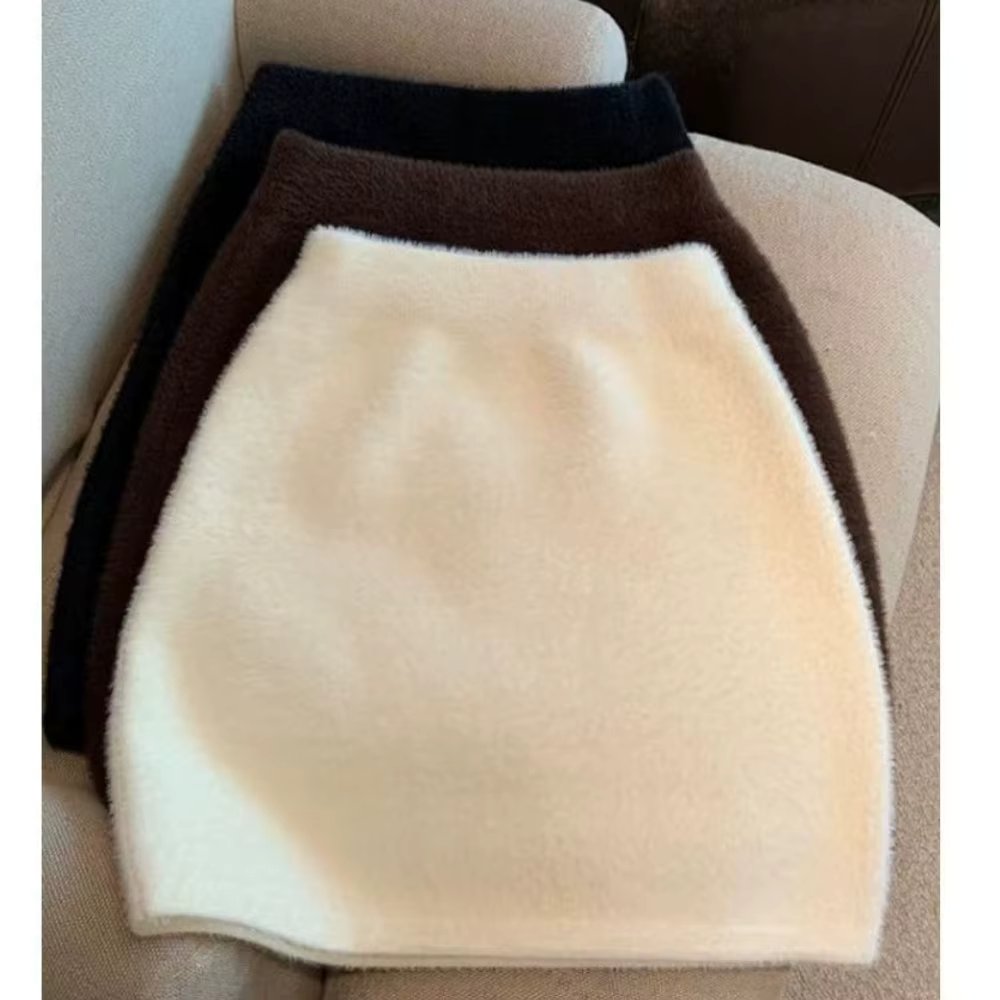 Slim Sexy High Waist Wrap Hip Black Furry Skirt Women Mini Skirt Winter Bottom Wild Woolen Elegant Korean Y2K Bar Warm Fleecing