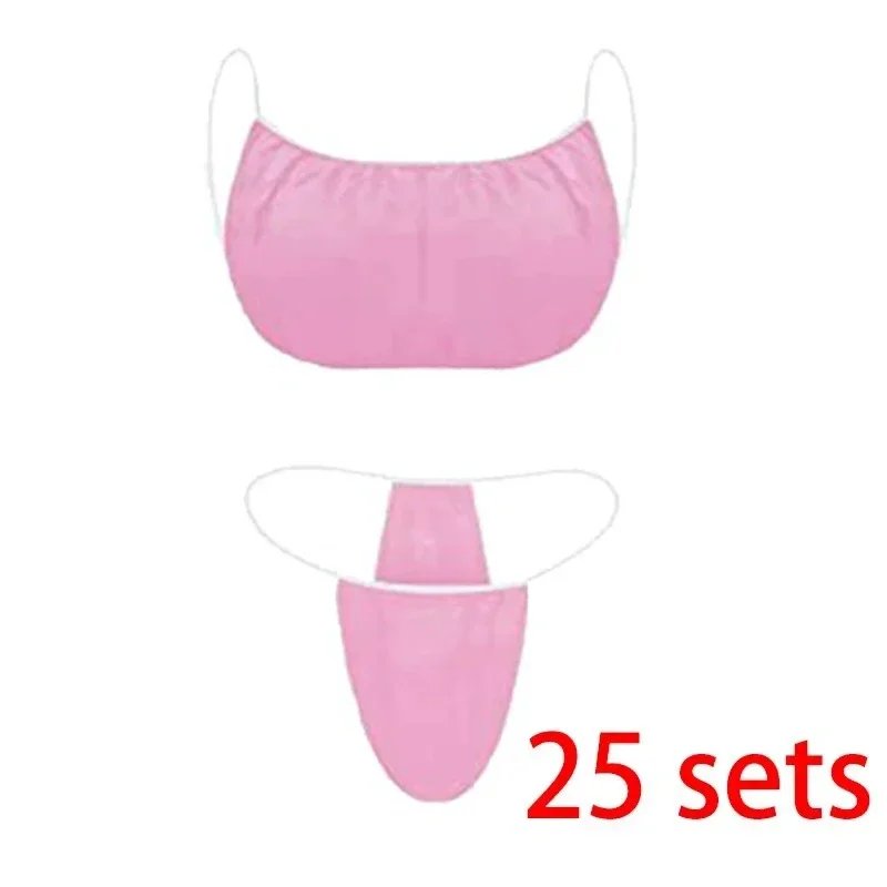 25 Sets Beauty Bras and T Panties Set Waist Stretch 120cm Disposable Bikini Thong Panties for Tanning Hygienic SPA Sauna Briefs