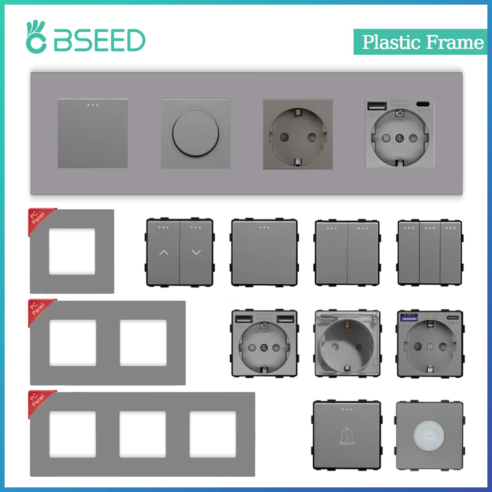 BSEED Wall Button Switch 1/2/3Gang Electrical Outlet Type-C Charge Port Double Socket DIY Function Part Plastic Frame Gray