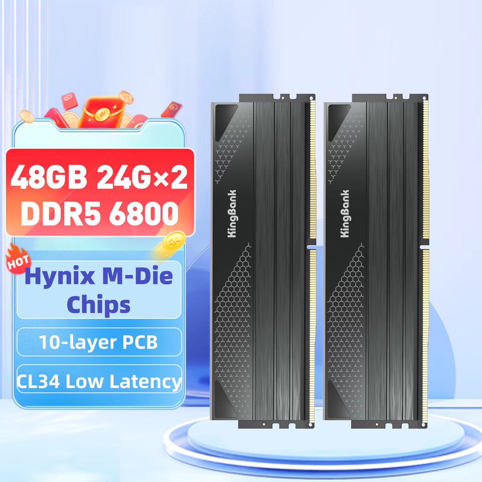 KingBank Memoria RAM DDR5 6800MHz 24GB 48GB 24GBx2 Gaming Desktop Memory 288Pin DIMM DDR5 RAM EXPO XMP 3.0 CL34 Hynix M die
