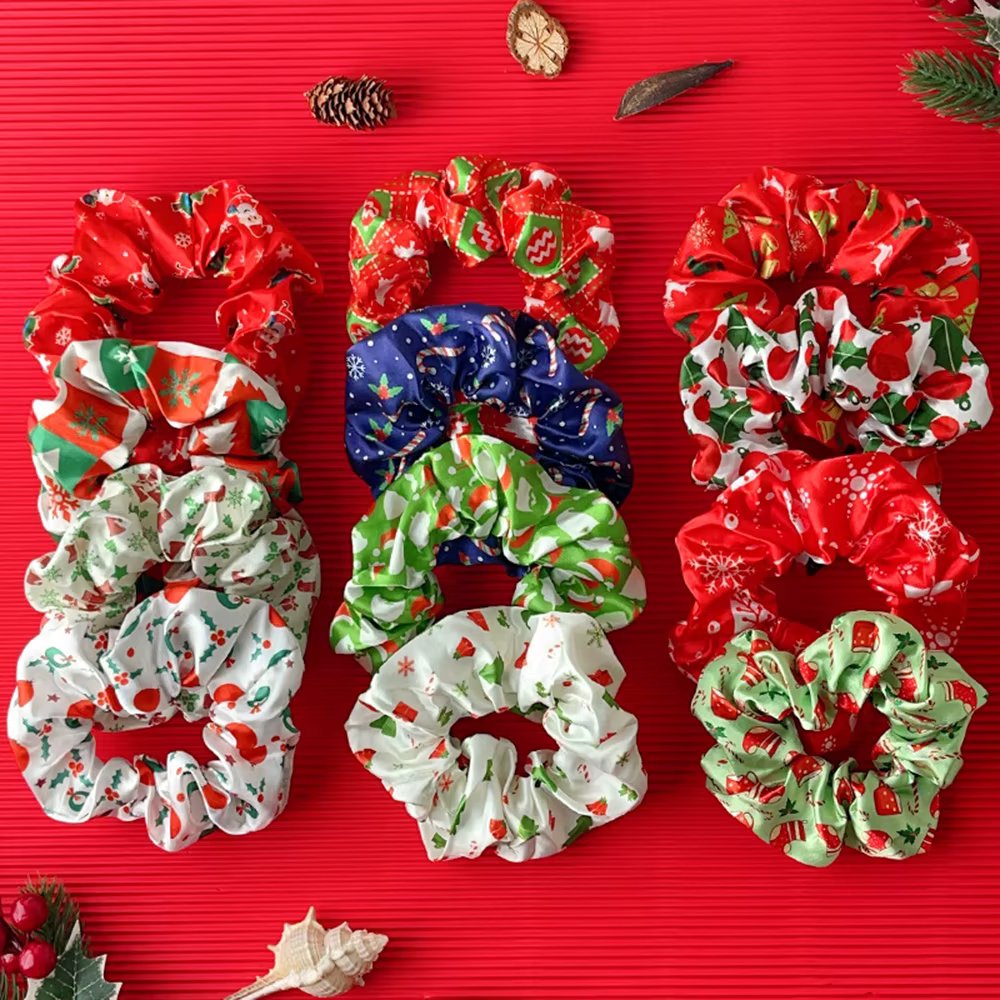12PCS Christmas Hair Scrunchies Red Christmas Tree Elastic Hair Ties Women Ponytail Holder Party Headwear Hair Accessories