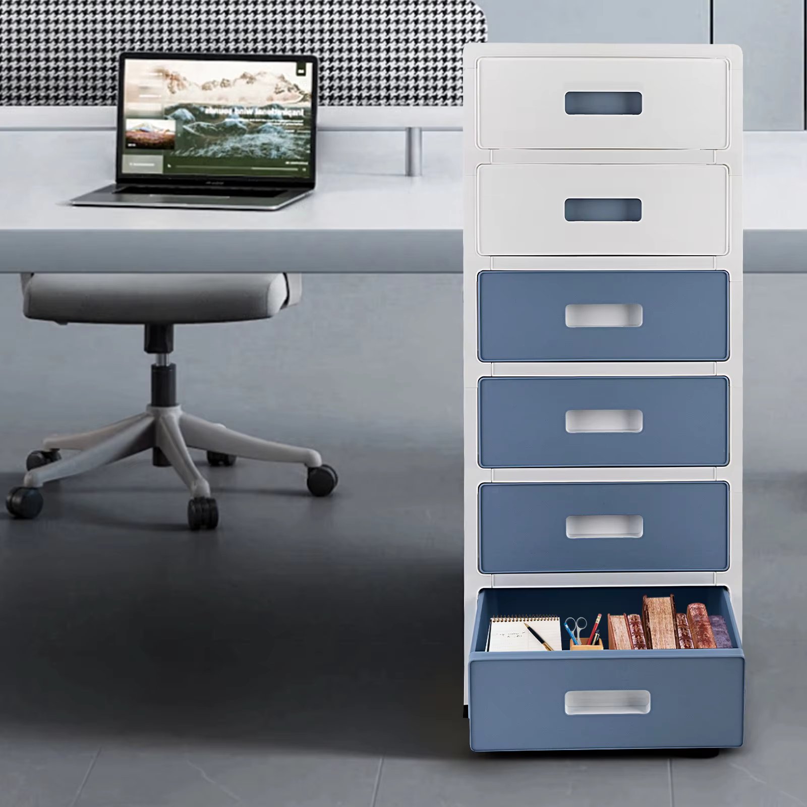 6 Tiers Plastic Drawer Desktop Organizer  Plastic Cabinet of Drawers with Rollers Storage System for Office Files & Supplies