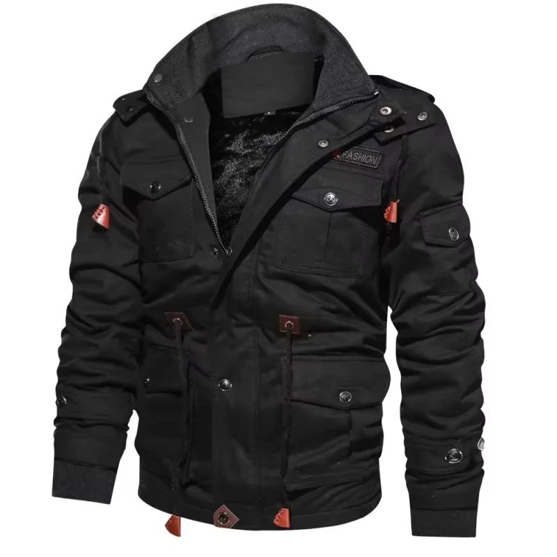 Autumn Winter Vintage Button Pocket Stitching Drawstring Jacket New Men Plush Thick Jacket Men Long Sleeve Zipper Hooded Jacket