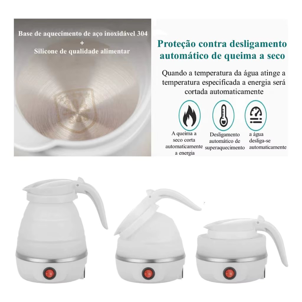 Jarra Chaleira elétrica dobrável De Silicone 600ml 110V Fervura Rápida Original Ideal para Viagens