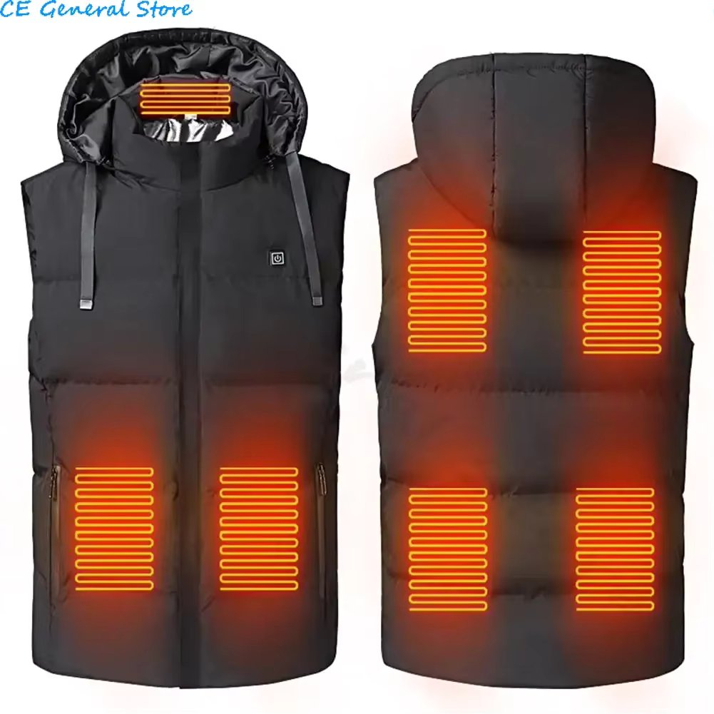 Battery Heated Vest Down Coat Hooded Fleece Lining Keep Warm USB-Powered 7 Heating Zones Heated Down Jacket Vest