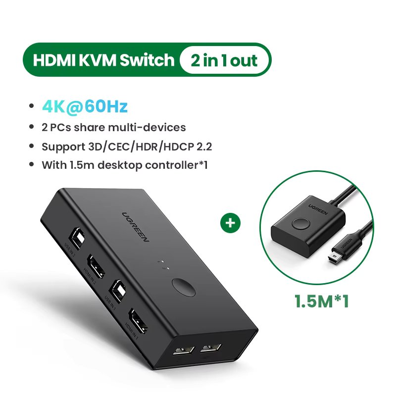 UGREEN HDMI-compatible KVM Switch 4K@60Hz USB 2.0 Switcher  for Printer Monitor Mouse 2 PCs Sharing 1 Device with HDMI Cables