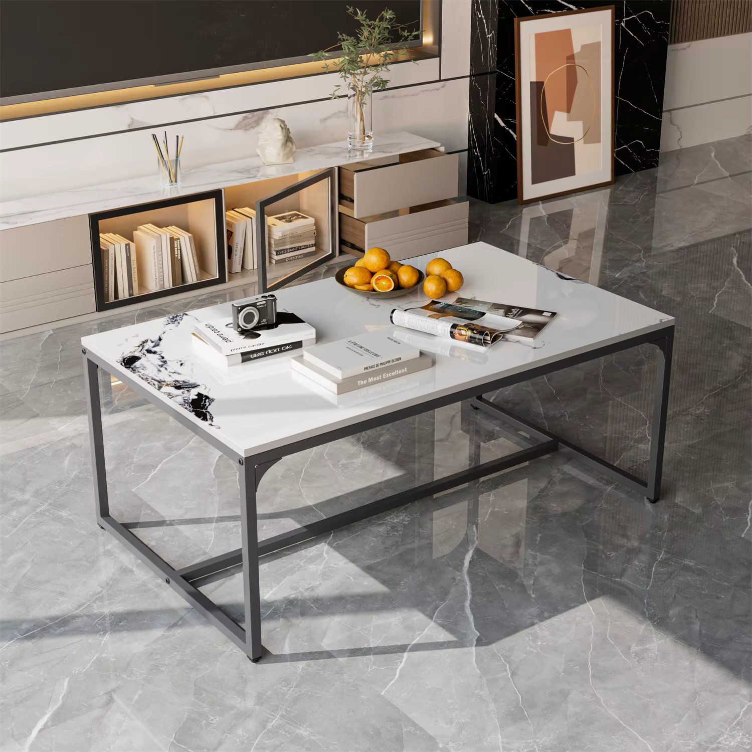 Ink Painting Texture Rectangular Coffee Table Modern Chic Sofa Side Sintered Stone-top Center Table Aluminum Frame