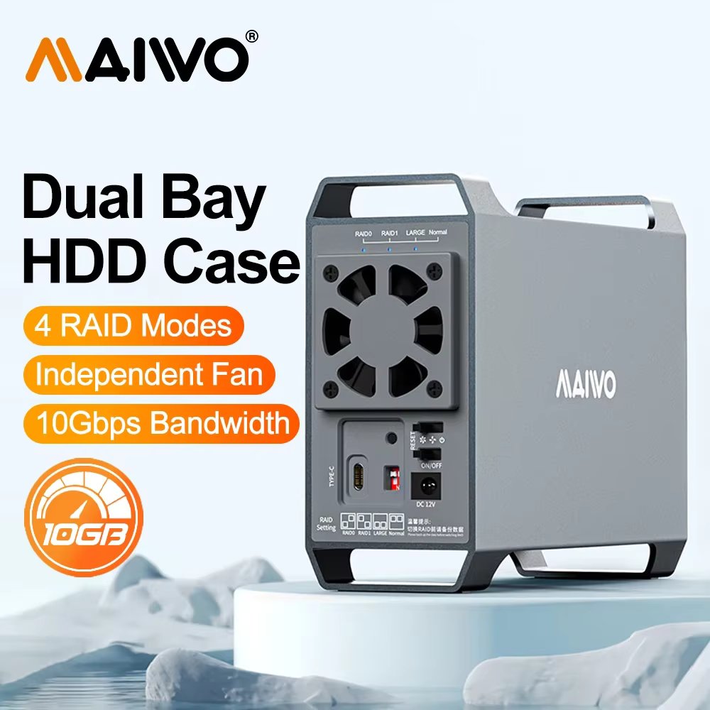 MAIWO 3.5-inch Disk Array Hard Drive Box, Dual Bay RAID Array Box, SATA To Type-C Disk External Box, Four RAID Modes with Fan