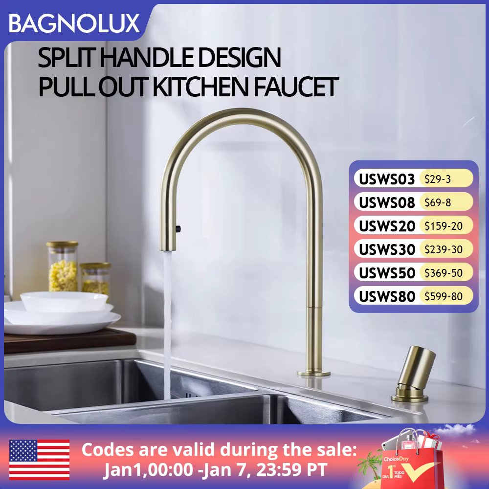 Brushed Gold Kitchen Faucet Invisible Pull Out Spray Mixer Double Hole Single Handle Solid Brass Hot and Cold Separate Sink Tap