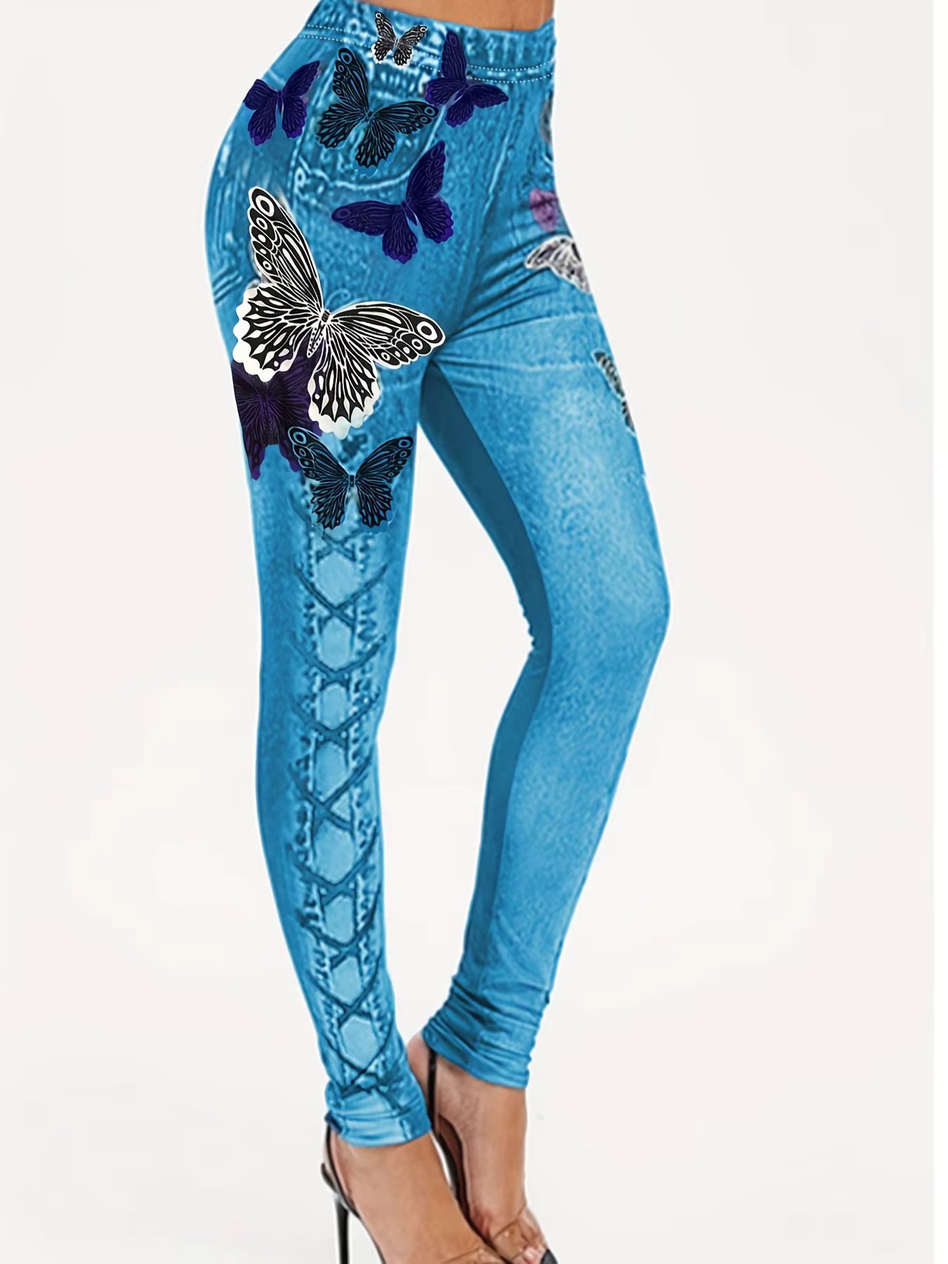 Women's Sexy Slim Fit New Butterfly Printed Leggings Imitating Denim To Show Slimness Leggings With High Elasticity