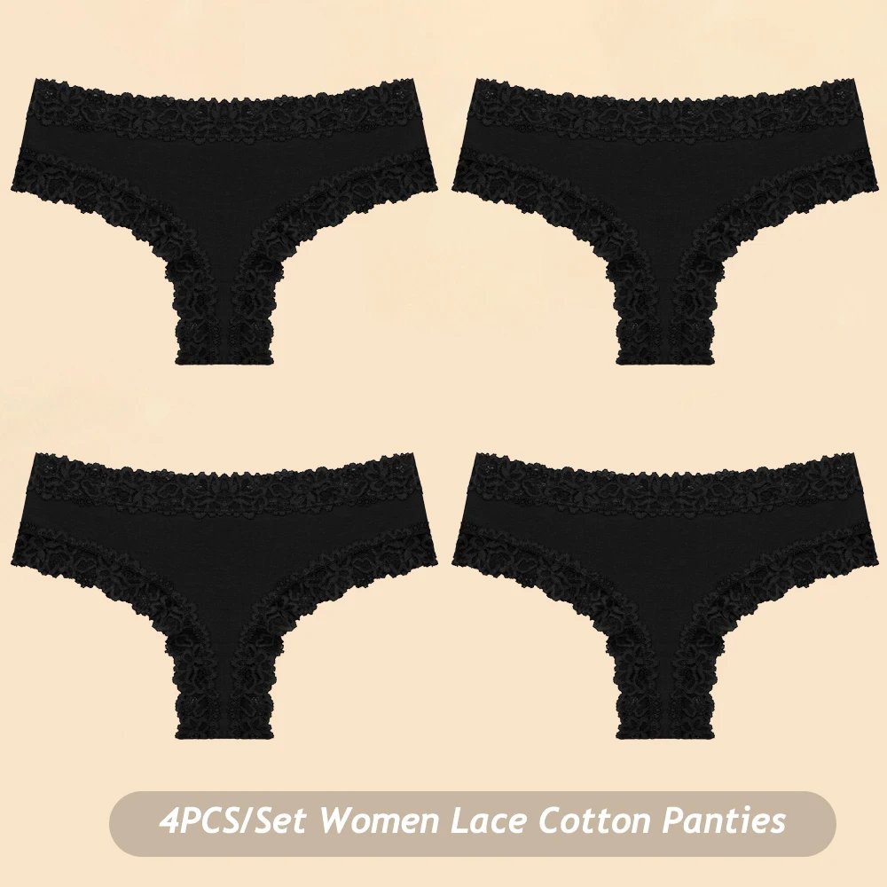 4PCS/Set Cotton Panties for Women Floral Lace Seamless Brazilian Panties Low Rise Sexy Lingerie Female Breathable Bikini Panties