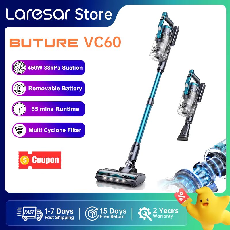 Buture VC60 Cordless Vacuum Cleaner 450W 38kPa 55mins Powerful Suction Wireless Upright Vertical, Home Floor Carpet Car Cleaning