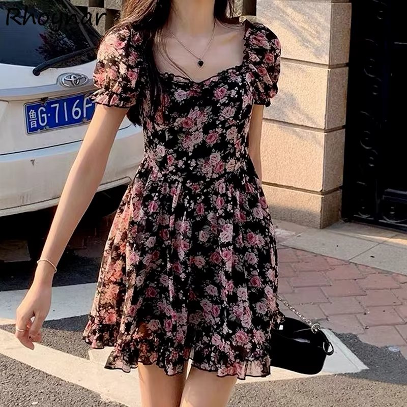 A-line Dresses Women Above-knee Printing Short Puff Sleeve Preppy Style Stylish Baggy High Waist Students Girl Vestidos Tender