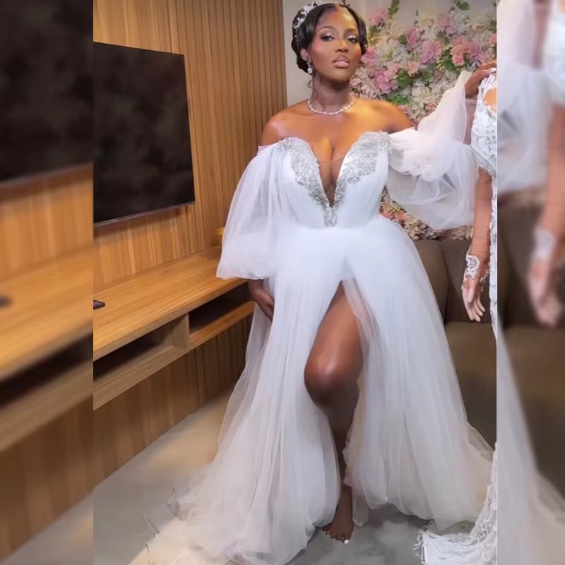 White Wedding Bride Robes Off Shoulder Long Sleeve Side Split Tulle Rhinestone Africa Bridal Shower robes de mariee Customized