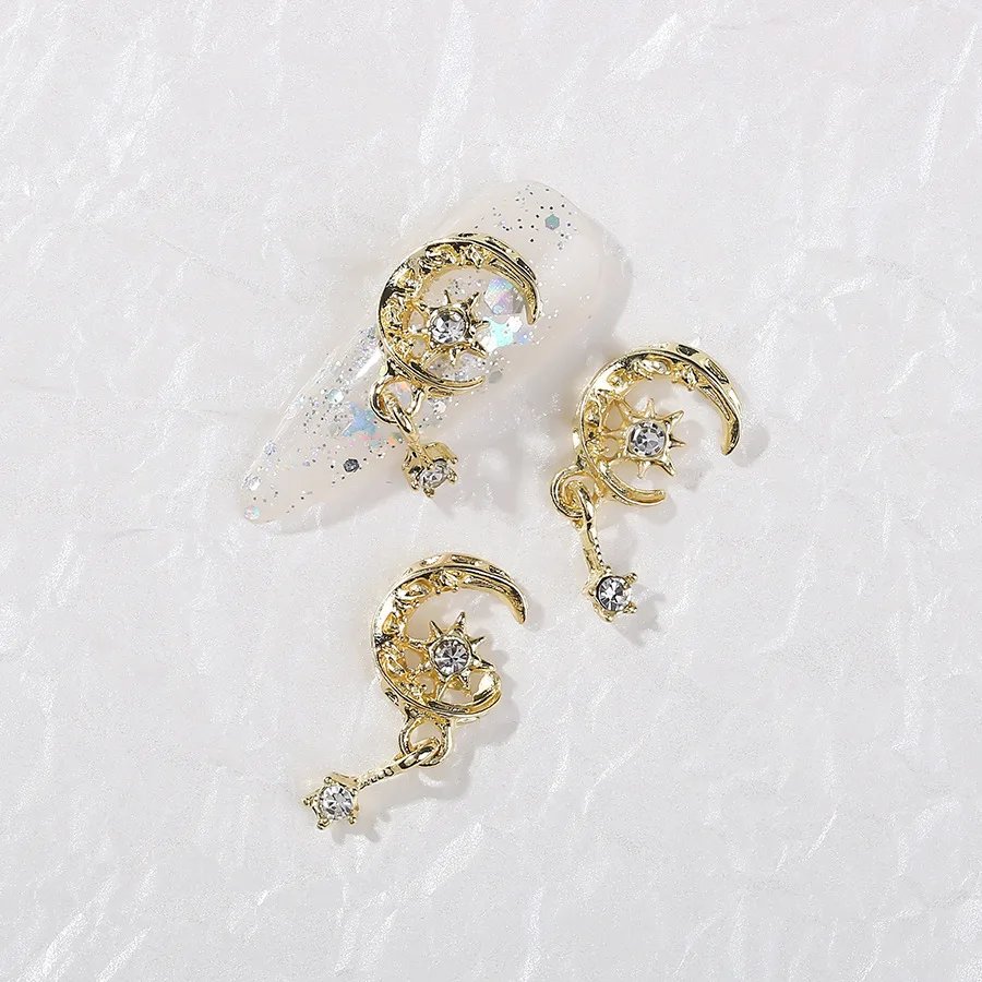 10Pcs New Moon Star Pendant Nail Art Charm 3D Metal Shiny Love Zircon Moon Tassels Nail Pendant DIY Nail Diamond Accessories