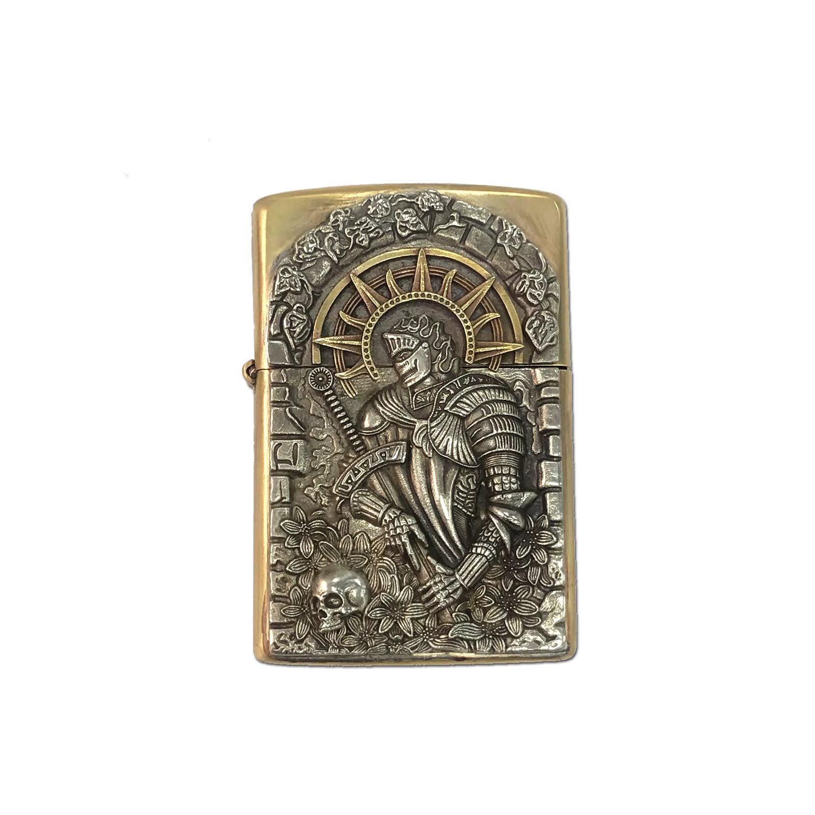 New Arrival Brass Oil Lighter Storage Case Container Knight Skull Sword Outdoors Tools Holder Handmade Vintage Classical Gift