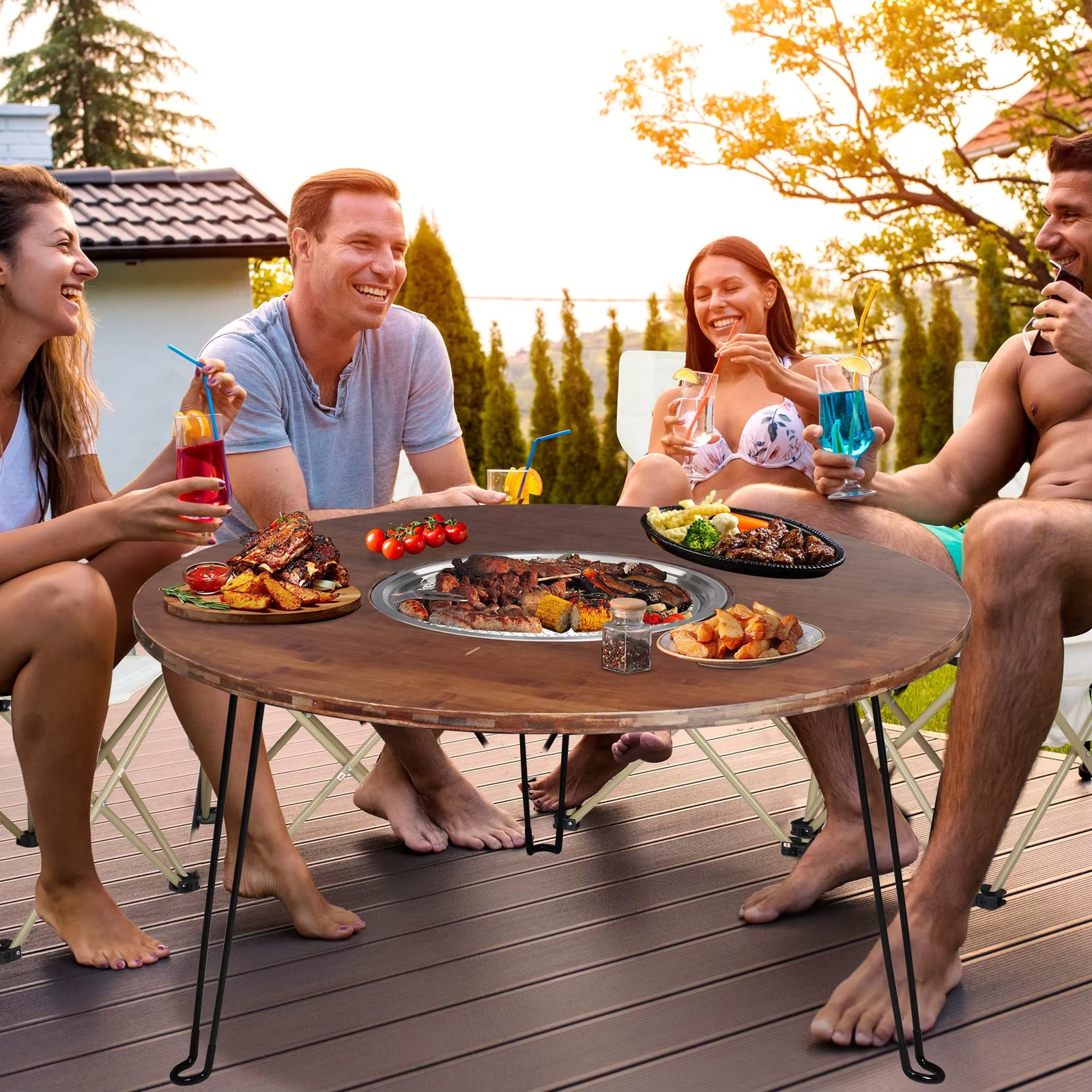 Fire Pit Table Round Large Dining Table Foldable Party Table with Charcoal Grill and BBQ Picnic Tray for Outdoor Camping