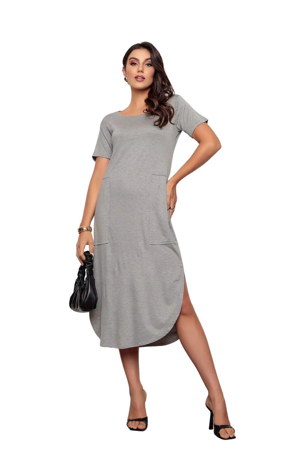 Grey 920 Slit Short Sleeve Midi Dress
