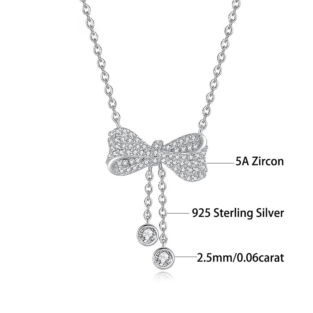 Bowknot Moissanite Pendant Necklaces for Women 0.12carat D Color Diamond Long Tassel Neckchain 925 Sterling Silver Fine Jewelry