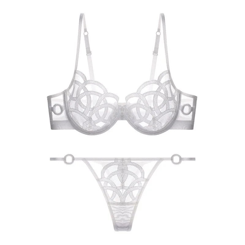 Ultra Sexy Lingerie Set Mesh Striped Pattern Transparent Bra Briefs Thongs Underwear with Steel Ring Women Intimates White Black
