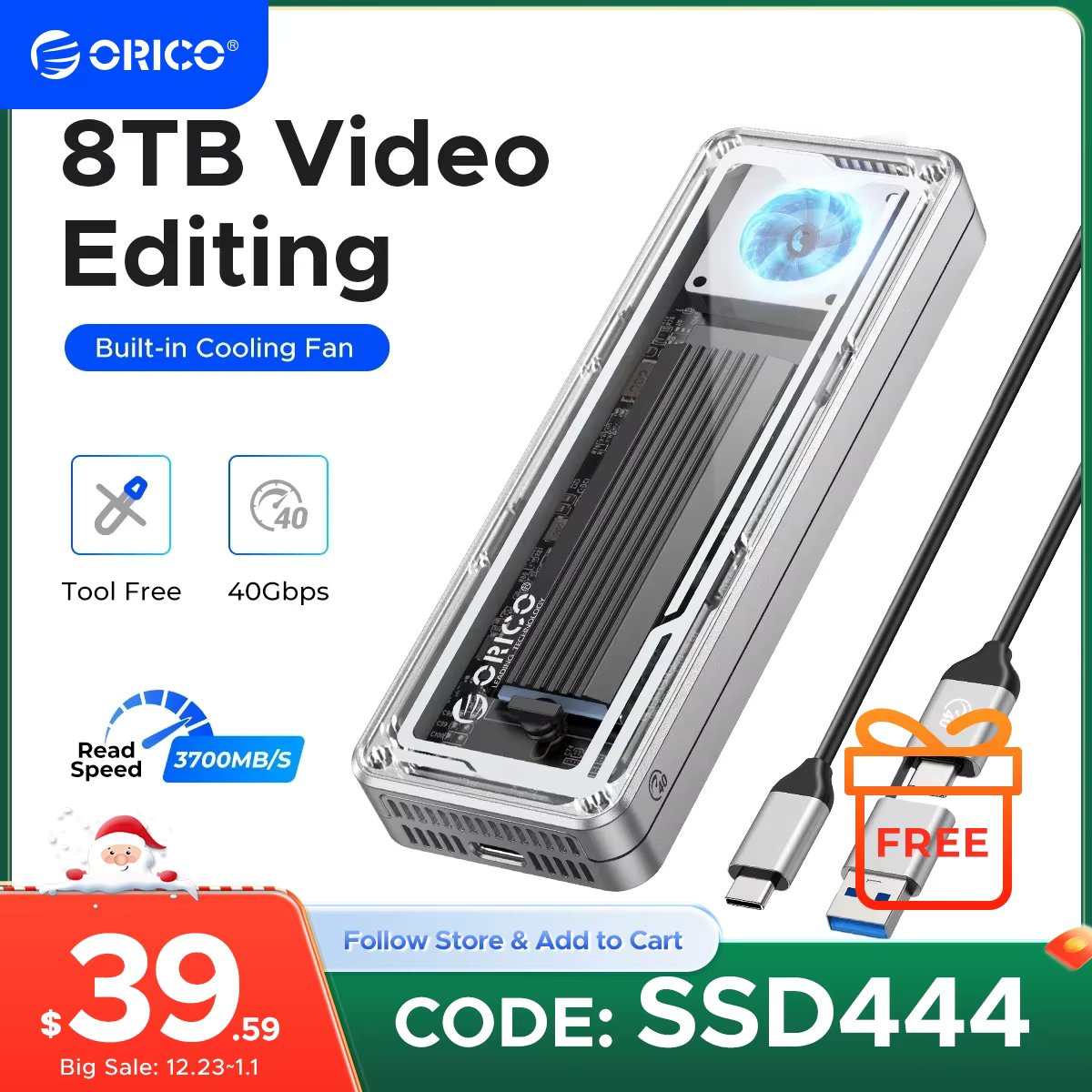 ORICO 40Gbps USB4 M.2 SSD Enclosure 8TB with with Cooling Fan PCIe4.0 NVME Enclosure Aluminum Compatible Thunderbolt 3/4 for mac