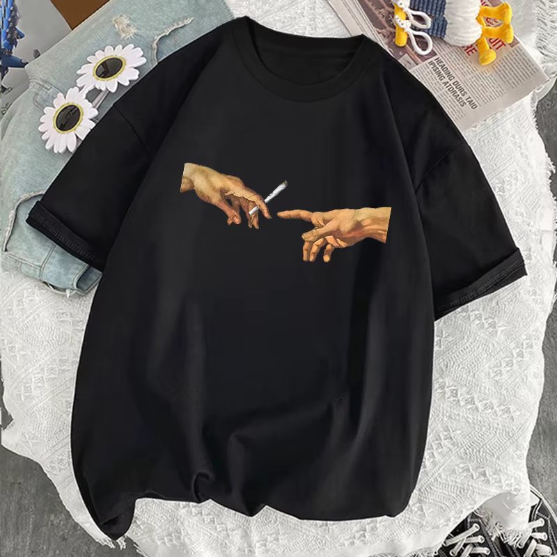 MICHELANGELO Hands Print Breathable T-shirt Casual Sport Short Sleeve T shirts Fashion Women Summer Harajuku Crewneck T shirt