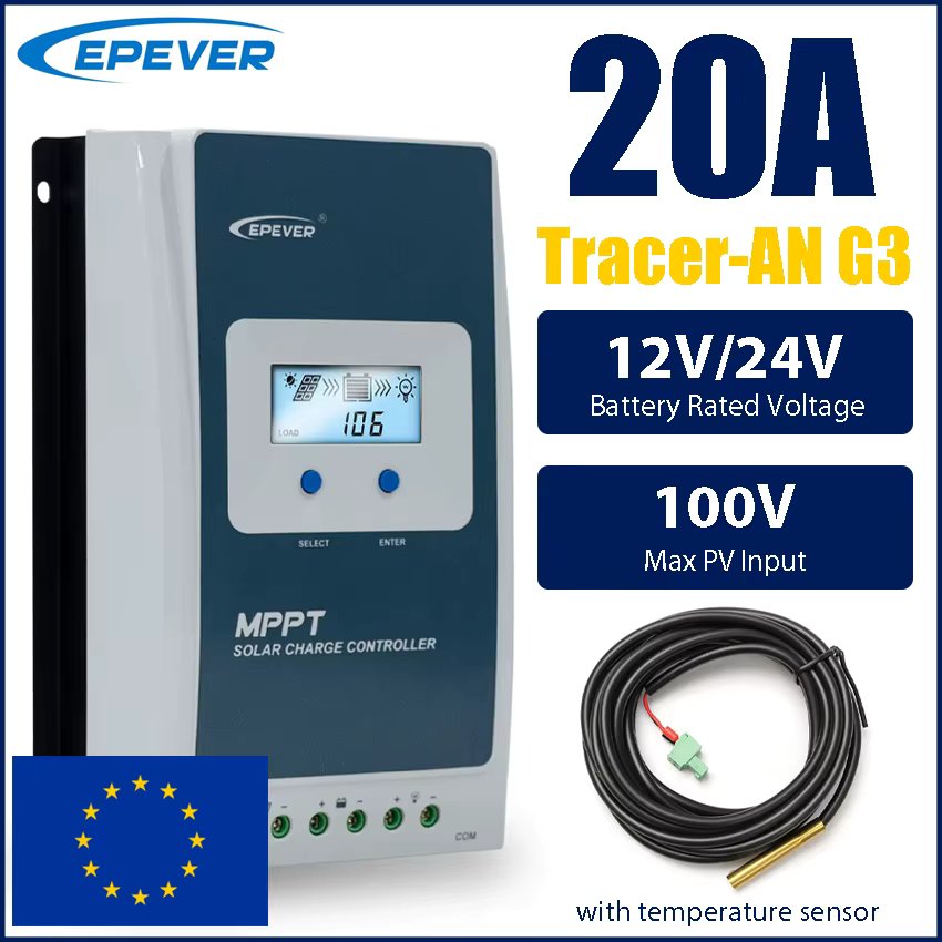 20A MPPT Solar Controller 12V 24V 130W 260W Charger 100V Panel Input EPEVER Tracer2210AN G3 with Temp Sensor EU Warehouse