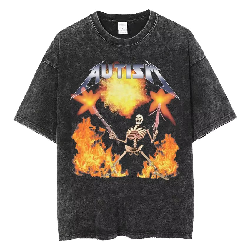 Autism Skeleton Meme T Shirt Human Funny Skull Men Women Harajuku Gothic Vintage Washed T Shirts Oversized Casual Cotton T-shirt