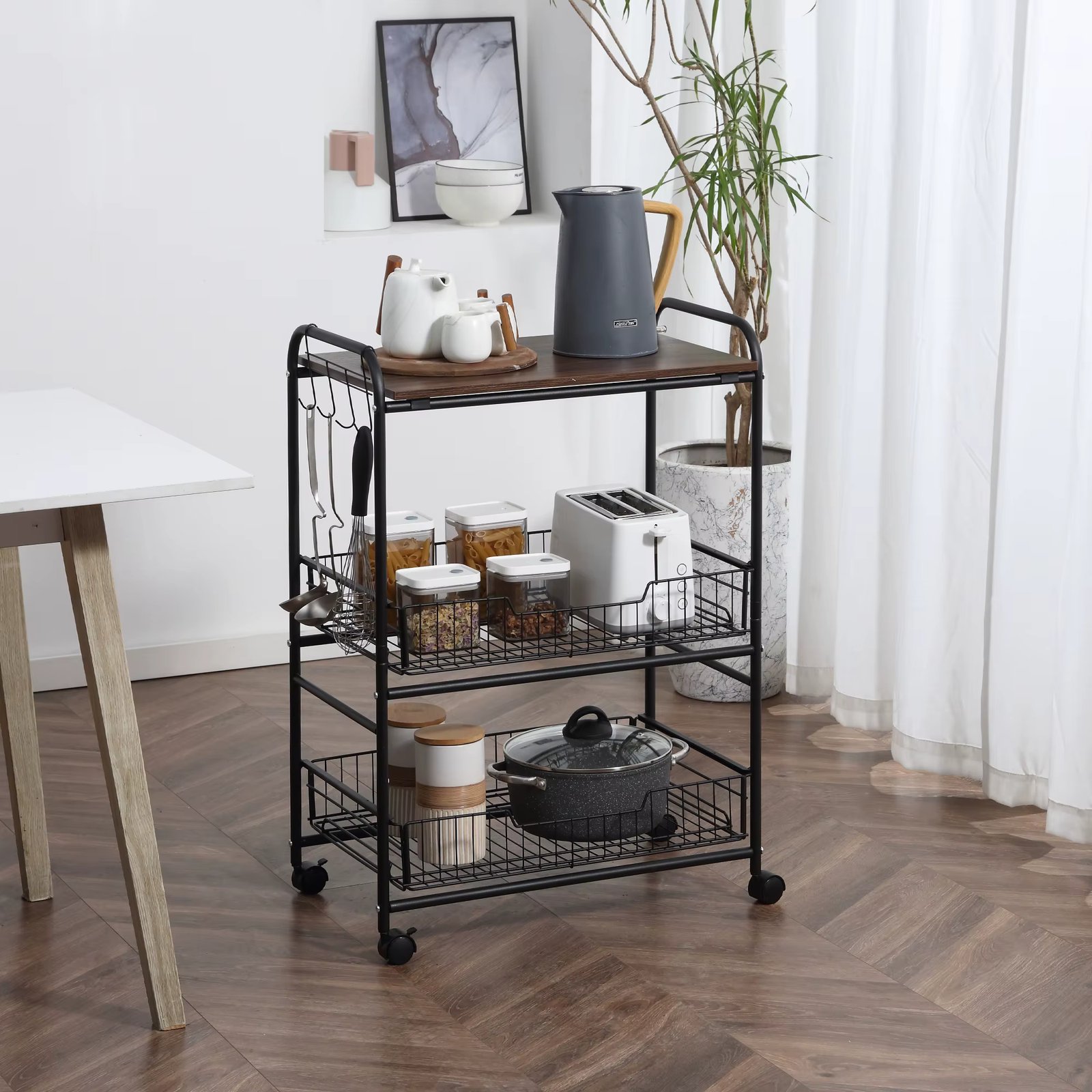 24" 3-Tier Utility Kitchen Cart Rolling Serving Trolley W/ 2 Storage Shelves