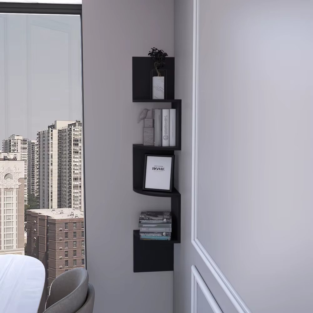 Rosebud Corner Floating Shelf: Modern Full-Wall 4-Shelf Unit