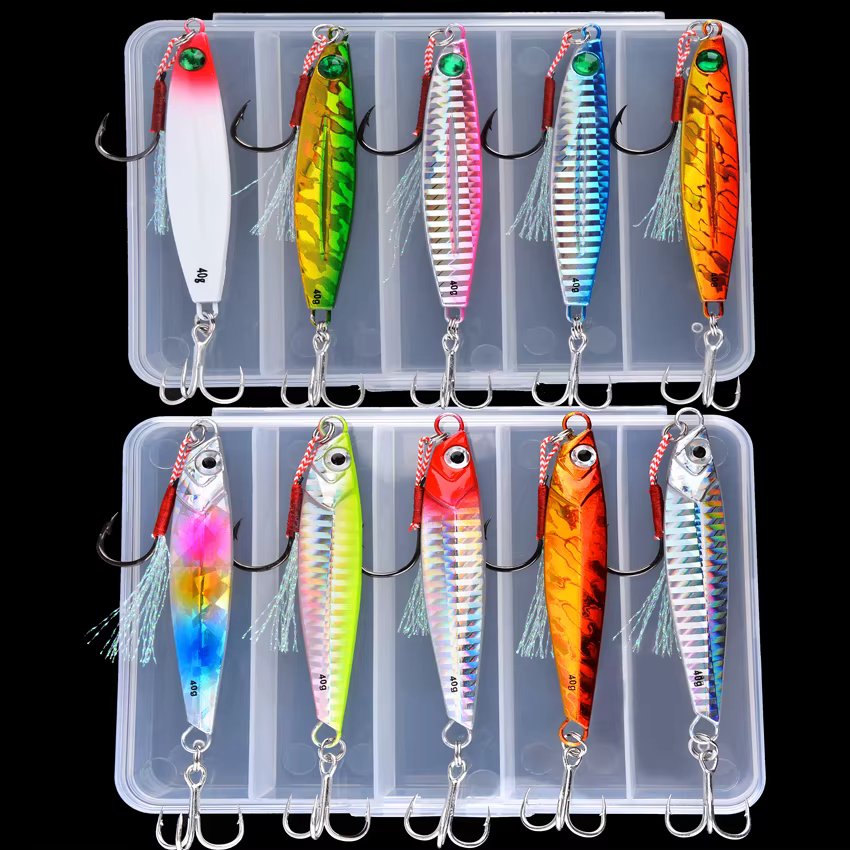 5pcs/box Slow Sinking Metal Cast Jig Spoon Set 7g-40g Shore Throwing Sea Bass Bait Artificial Bait Fishing Tackle for Tuna
