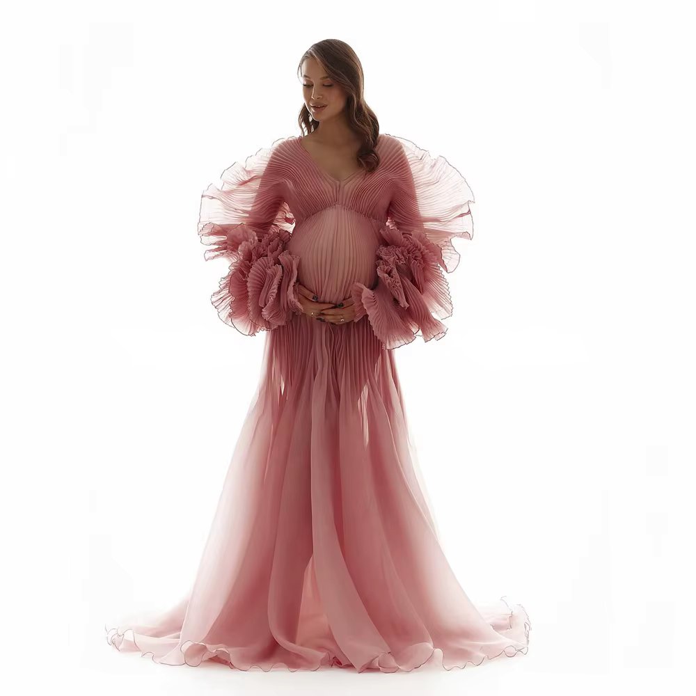 Modern Pleated Mesh Maternity Gowns Unique Ruffles Tiered A Line Pregnancy Dress For Photo Shoot See Thru Tulle Long Prom Dress