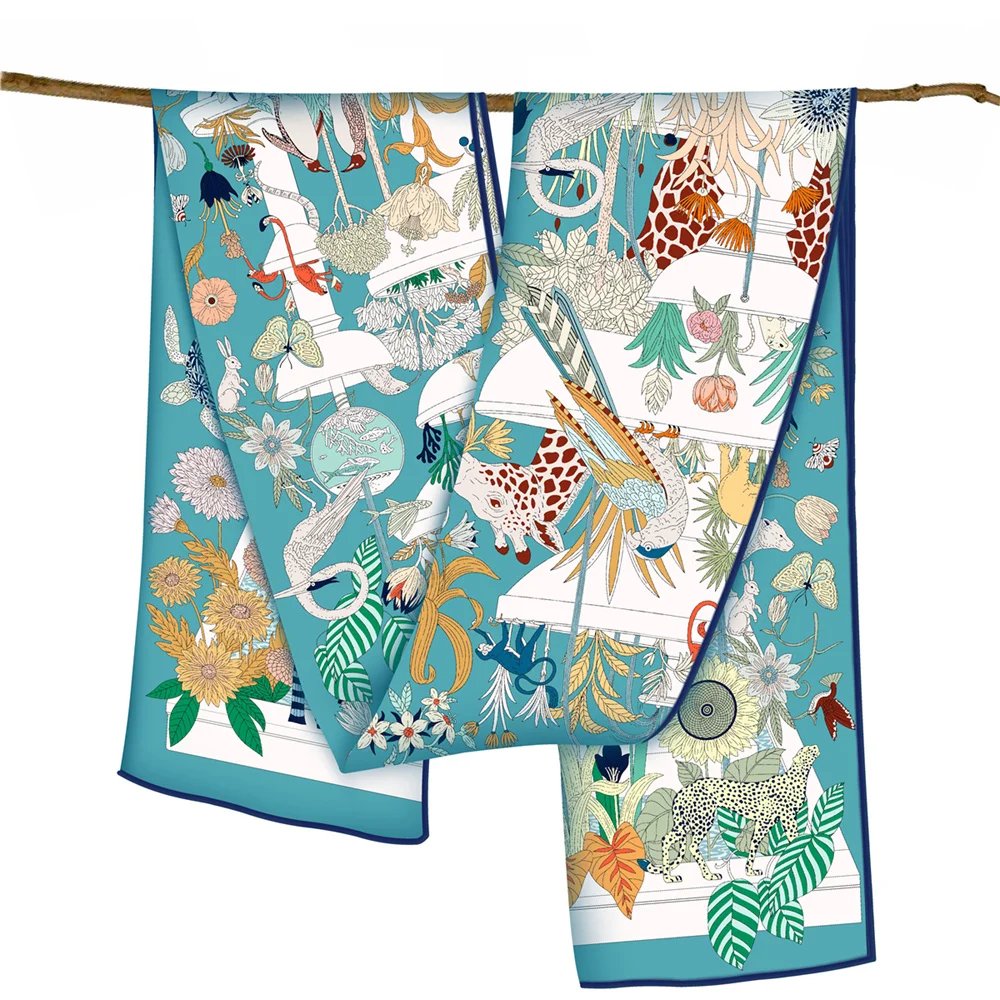 POBING Twill Silk Scarf Women Poncho Hand Rolled Zoo Animals Printed Long Scarves Wraps Bandana Big Shawl Hijabs Female Foulards