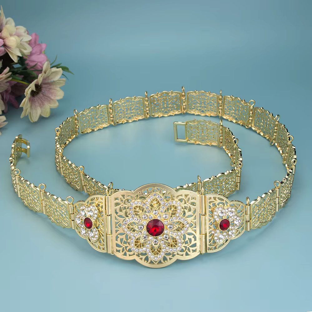 Sunspicems Moroccan Caftan Belt Gold Color Red Green Stone Algeria Wedding Dress Kaftan Abaya Arab Waist Chain Bridal Jewelry