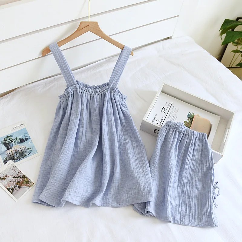 2024 Summer New Style Ladies Pajamas Two-piece 100%Cotton Crepe Suspender Shorts Vest Suit Sweet And Loose Home Service Sexy Pjs