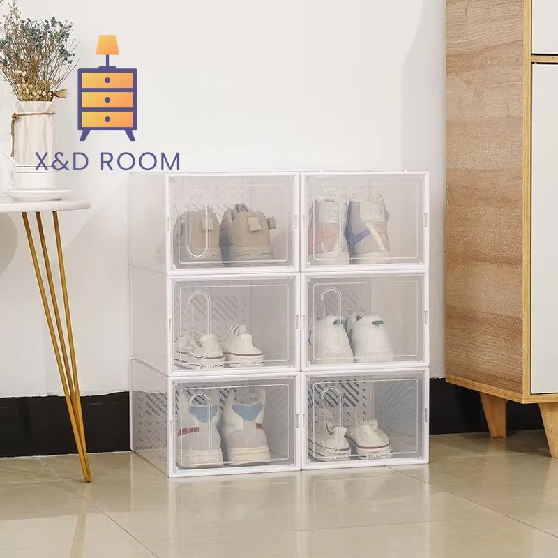 X&D Thick Side Sliding Door Magnetic Buckle Transparent Foldable Shoe Storage Box Shoe Cabinet Stackable Cabinet Shoe Storage