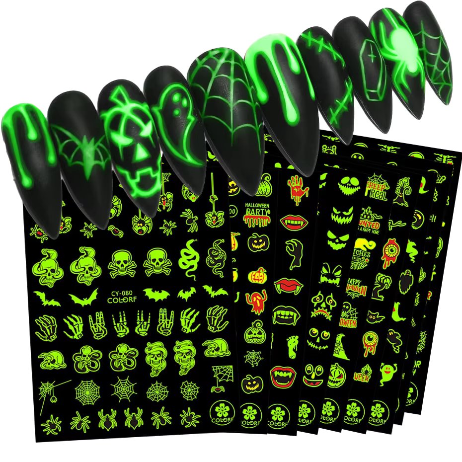 9pcs Glowing In Dark Halloween Nail Art Stickers Set Spider Web Pumpkin Ghost Fluorescent Luminous Nail Decal Stickers Sliders