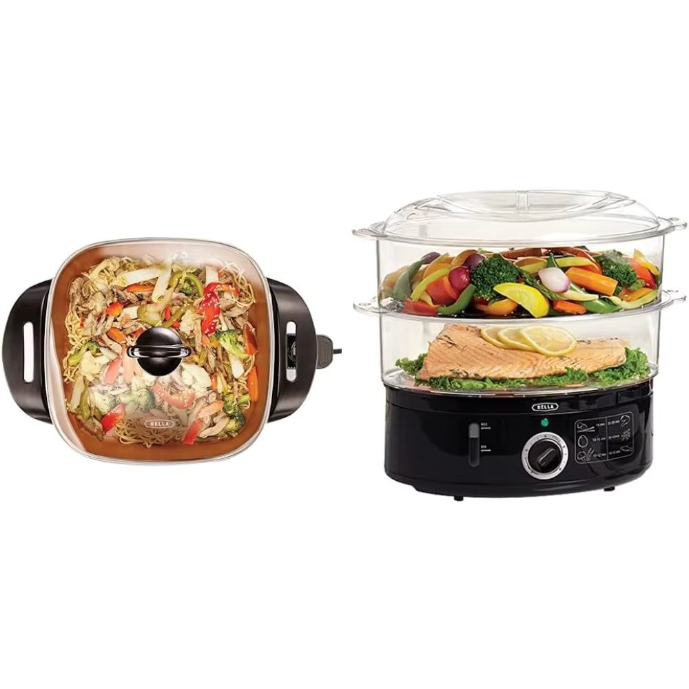 Frying Pan with Glass Lid & Two Tier Food Steamer with Dishwasher Safe Lids and Stackable Baskets & Boil Dry Protection