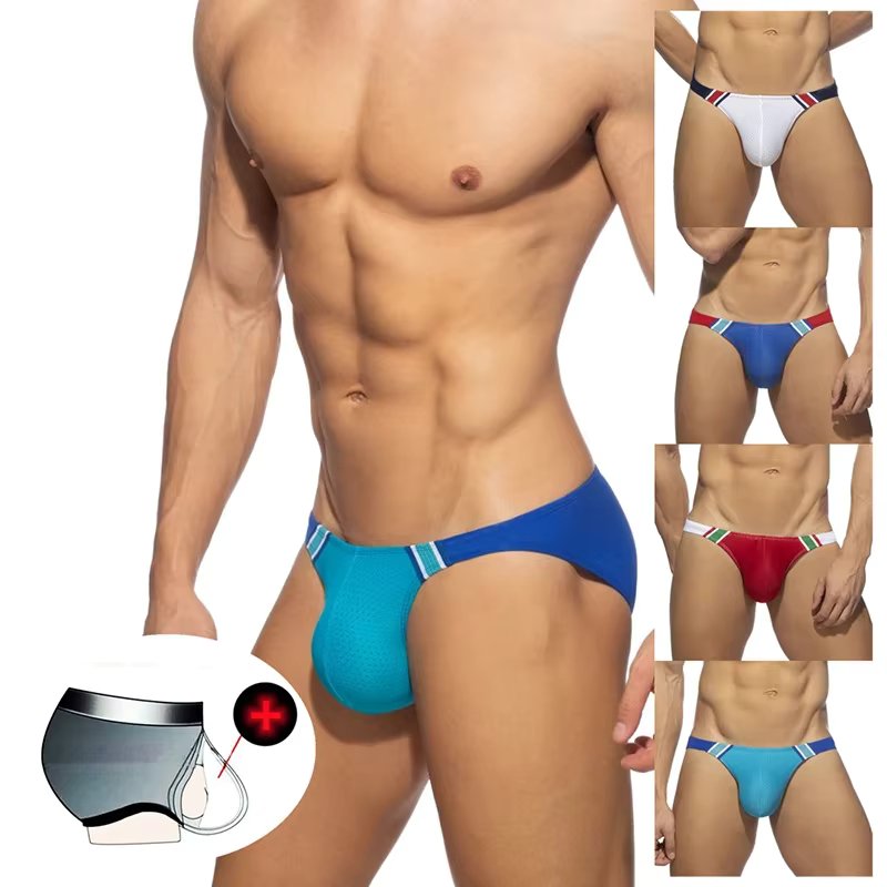 Men's Swimming Trunks with Push Pad Sexy Thongs Fashion Surfing Beach Shorts Mesh Bikini Low Waist Solid Swim Shorts Stitching