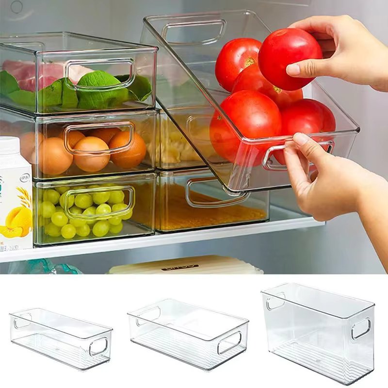 1pc Refrigerator Organizer Bins Stackable Fridge Food Storage Box With Handle Clear Plastic Pantry Food Freezer Organizer Tool