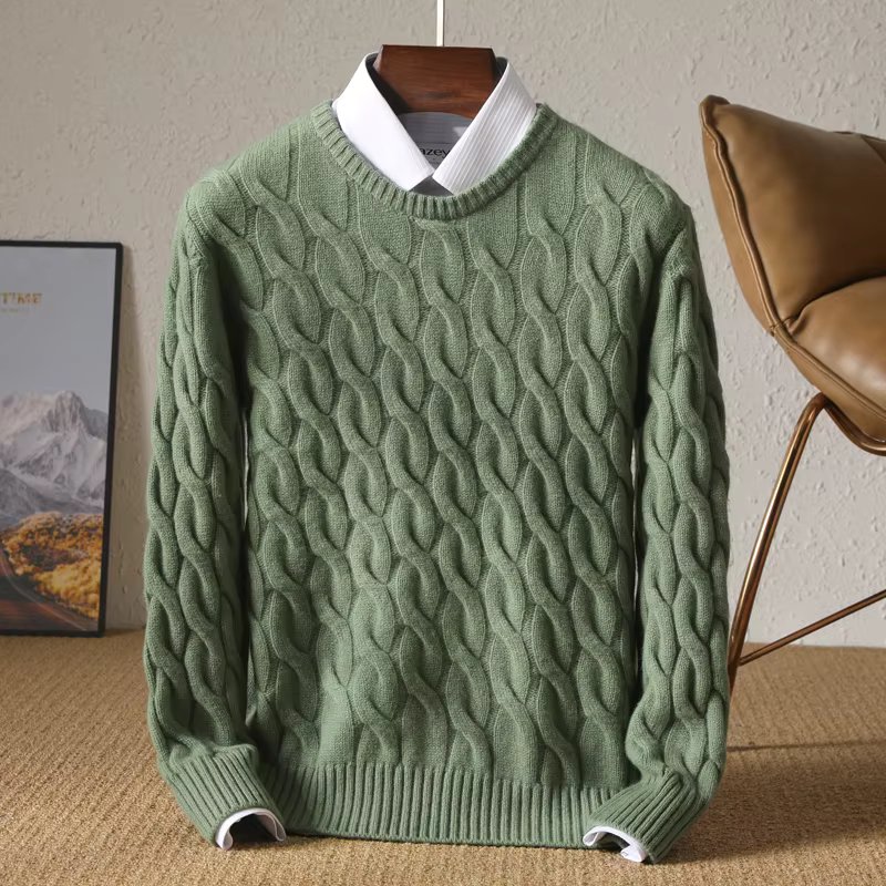 Autumn Winter Thickened Cashmere Sweater 100% Merino Wool Men's Top O-Neck Twisted Pullover Knitted Loose Long Sleeve Sweater