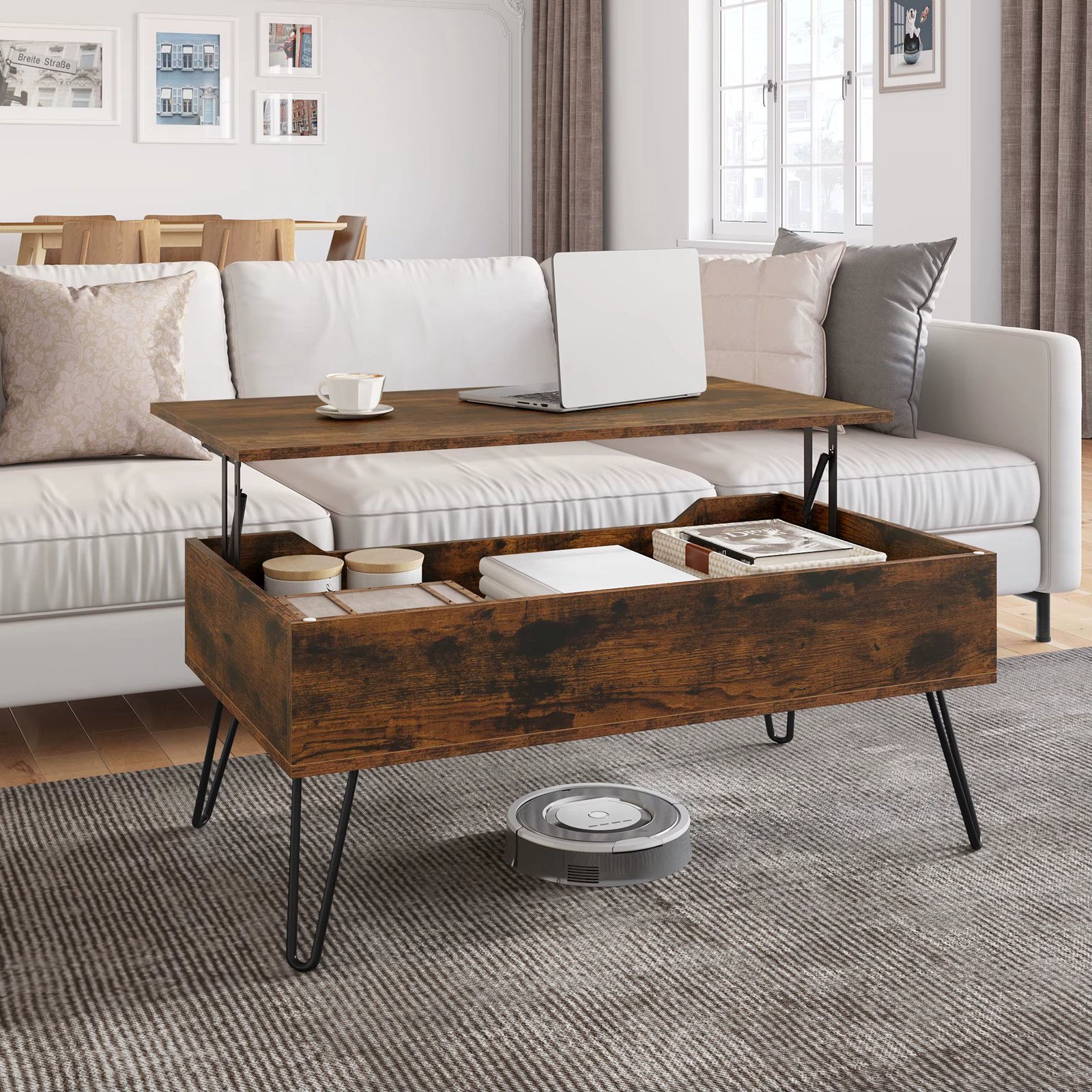 Height-Adjustable Coffee Table  Extendable Table Wooden Sofa Table with Hidden Storage Space Office  Living Room Furniture