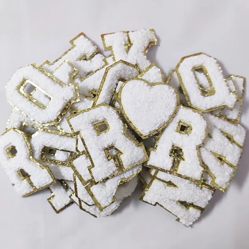 White Letters Sticker Patch Alphabet Towel Embroidered Chenille Patches for Clothing Bags Jacket Stick on Accessories Applique