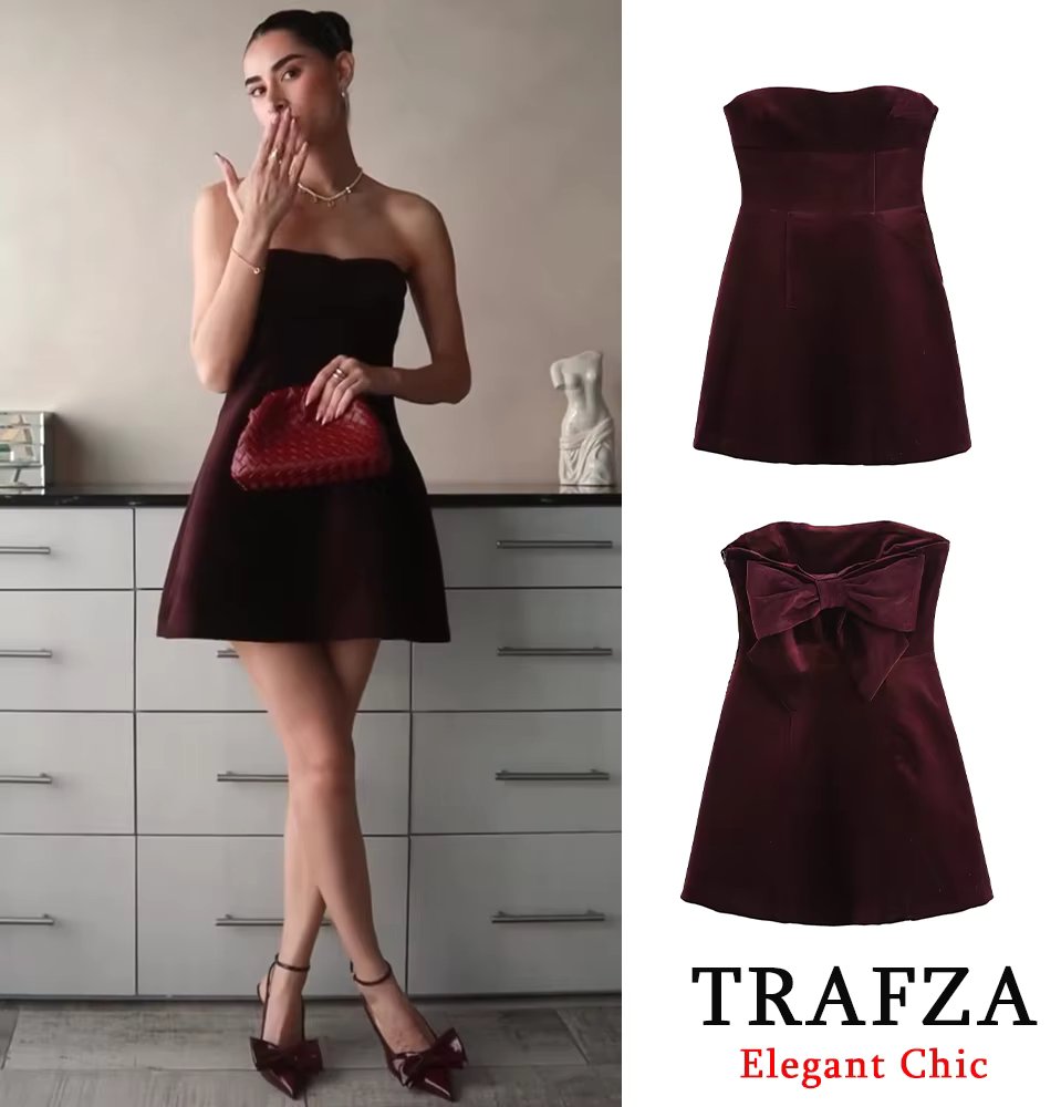 TRAFZA-Women Elegant Velvet Mini Dress Back Bow Dark Brown Slim Dress New 2024 Spring Fall Fashion Vintage Dinner Vacation Dress