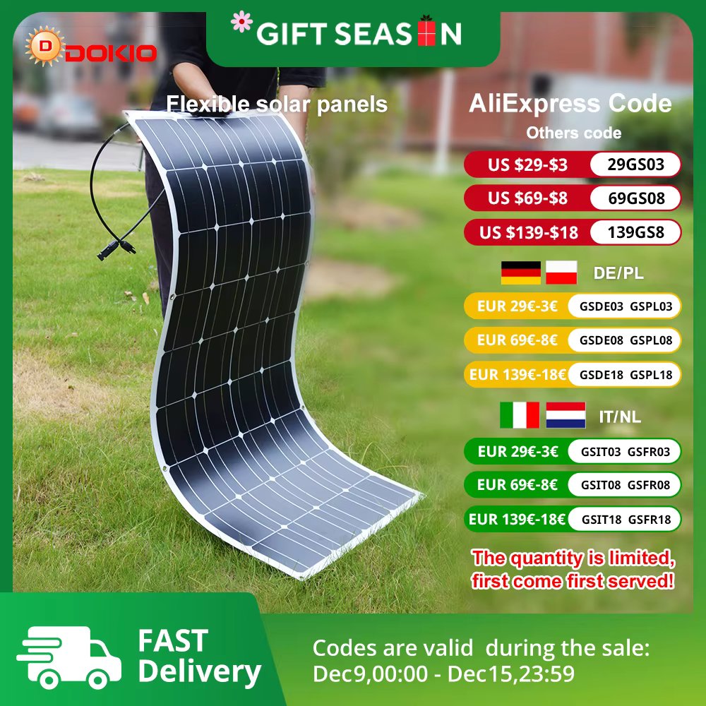DOKIO 18V 100W/200W/400W Flexible Solar Panels Waterproof Monocrystalline Solar Panel Camping RV Home Charge 12V