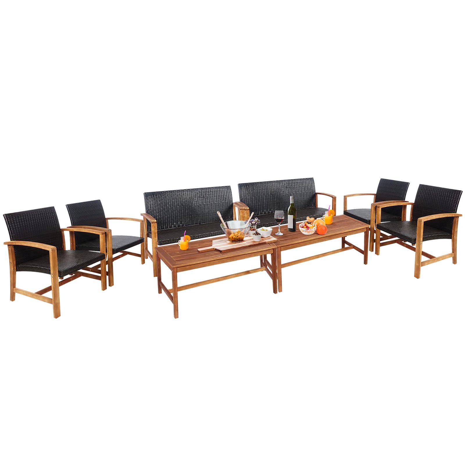 8PCS Outdoor Patio Rattan Furniture Set Acacia Wood Frame Sofa Loveseat Garden