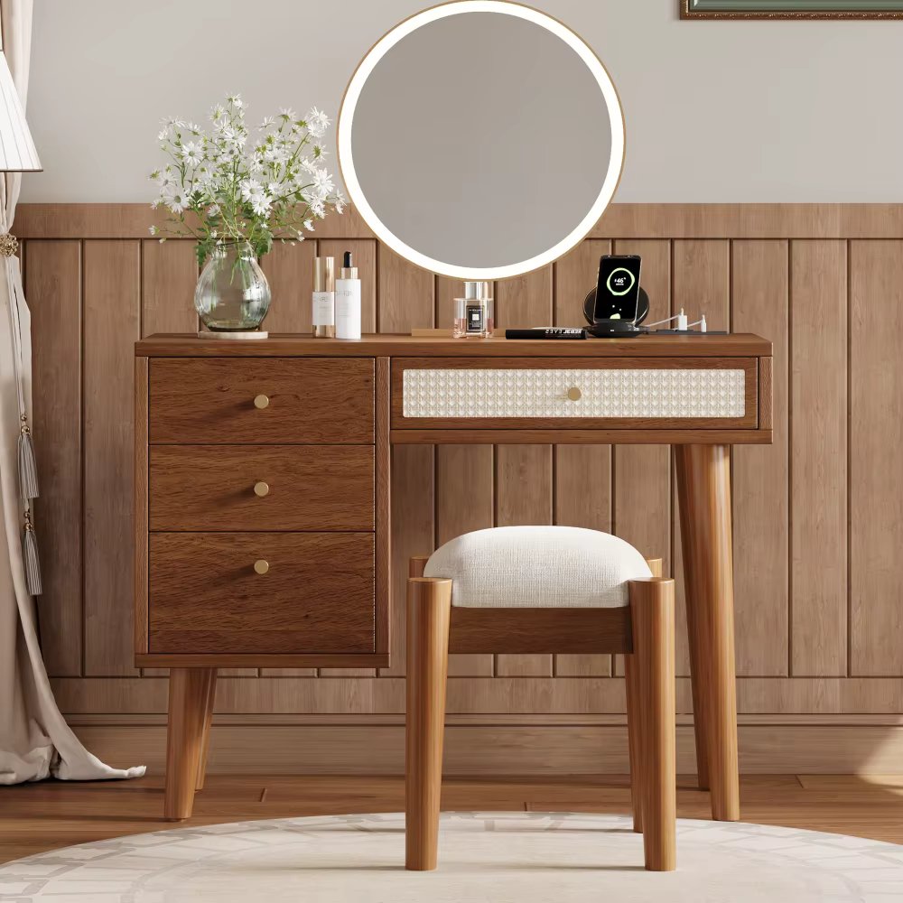 39" Retro Bohemian Style Wooden Charging Plug&USB Port and Stool Dressing Table with 3 Storage Drawers Rectangular Rattan