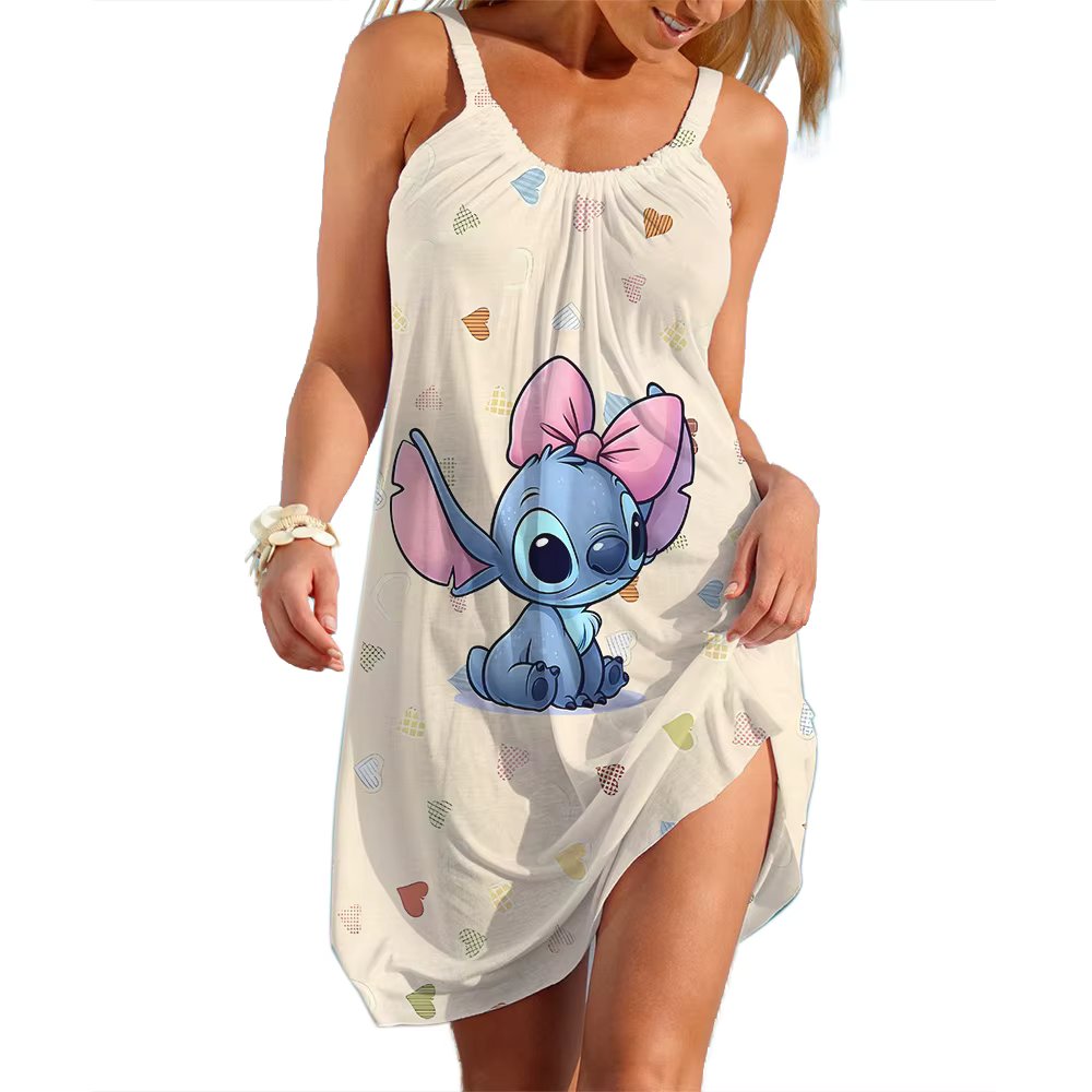 New Summer Girls Disney Stitch Women Fashion Sling Dress Women Sexy Loose Seaside Beach Clothing Cool Sleeveless Dress Quick Dry