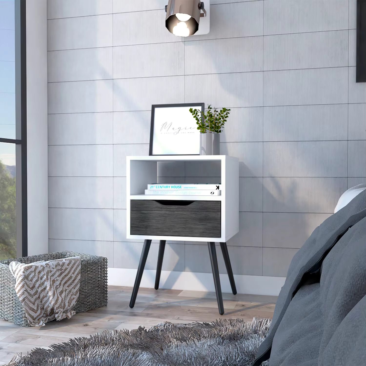Otom Nightstand , Superior Top, One Open Shelf, One Drawer, Four Legs Smokey Oak / White
